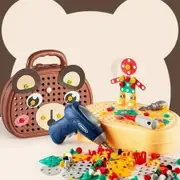 203 Pieces Children's Repair Toolbox Creative Mosaic Puzzle Toy With Electric Drill Screw Tool Set Kids DIY Learning Toys (Brown Bear)