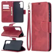 For Samsung Galaxy S21+ Plus Case Lambskin Texture Folio PU Leather Wallet Cover, Kickstand, Lanyard, Red