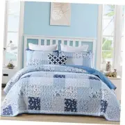 Blue Quilt Set King Boho Patchwork Bedspread Floral Coverlet Reversible Bed