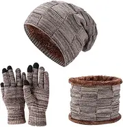 [Nurdo] Winter Knitted Beanie Hat and Scarf Gloves Set Thick Fleece Lined Warm Cap Neck Warmer Touchscreen Gloves for Men Women