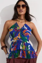 Tropical Georgette Crinkle Tiered Halterneck Top