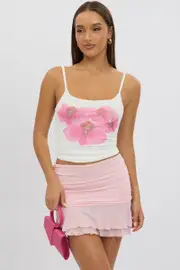 White Floral Singlet Top Mesh - Size 6XXS, Women's Singlet