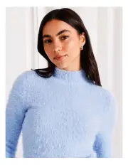 [Tokito] High Neck Fluffy Knit Top in Dusty Blue