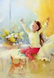 LITTLE GIRL CAT Kitty Happy easter! Mimosa Russian NEW modern Postcard