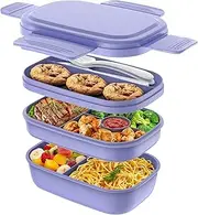 Uandhome Bento Box Adult Lunch Box ，72oz Stackable Bento Lunch Box for Adults, 3 Layers Bento Lunch Containers Leak-Proof Lunchbox with Utensil Sauce Dressing Containers for Dining Out,Work (Purple)