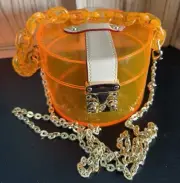 Fluorescent Orange Crossbody Purse, Clear, with Chain Handle Bag Round - A0007