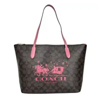 在飛比找momo購物網優惠-【COACH】PVC Logo雪花馬車肩背托特包(深咖梅邊)