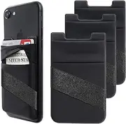 Stick On Phone Wallet, Card Holder with Finger Strap - Stretchy Credit Card Holder for Phone Case - Compatible with iPhone, Samsung - 3Pack, Black 2-in-1, Pouch With Strap