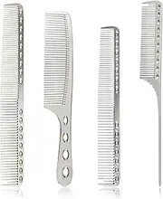 4 Types Metal Comb Set Professional Aluminum Dressing Comb Hair Comb Set for Barber Hair Styling, Included Fine Cutting Comb, Rat Tail Comb, Detangling Comb