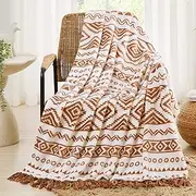CASAAGUSTO Boho Throw Blanket - Terrcotta Decorative Blankets with Tassel, Printed Flannel Bohemian Blanket for Chair, Bed, Sofa, Couch(60 * 80, Terrcotta)