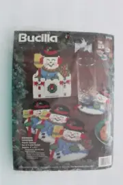 NEW Bucilla Christmas Snowman Coasters Set of 5 Plastic Canvas Holder 61186