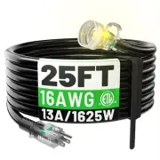 25FT 16 Gauge Black Outdoor Extension Cord Waterproof, 3 Prong Flexible Cold ...