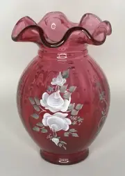 Fenton Vintage Hand-Painted Cranberry Art Glass Vase With Ruffled Edge & Floral