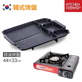 【韓國KITCHEN FLOWER】新款三格長型烤盤 韓國滴油烤盤 NY-3028(長型44X33cm) 韓國原裝進口