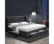 Queen Size Upholstered Bed Frame with Storage Drawers Charcoal Fabric