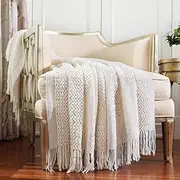 CREVENT Farmhouse Knit Throw Blanket for Couch Sofa Chair Bed Home Decoration, Soft Warm Cozy Light Weight (127X152CM Cream/White)