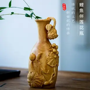 木雕木中式伴花花瓶居家代品木雕工品件