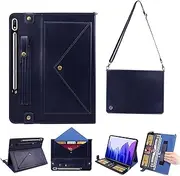 Tablet Carrying Shoulder Bag Case for Samsung Galaxy Tab S10 Ultra/S9 Ultra/ S8 Ultra 14.6",Retro PU Leather Hand Strap Crossbody Shoulder Strap Cards Holder Pocket S Pen Holder Stand Case,Blue