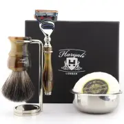 Mens Shaving Shave Kits, 5 Edge Razor, Resin Pure Synthetic Badger Brush and Set