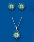 Emerald and Diamond Pendant And Earrings Set Solid Sterling Silver