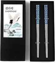 Crane Blue Chopsticks Metal Chopsticks Reusable Designed in Korea Japanese Style Stainless Steel 316 18/10 Non-Slip Dishwasher Safe (Blue - 2 Pairs)