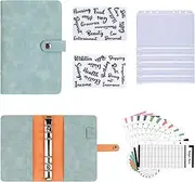 Generic A6 Budget Planner, PU Leather Binder with 6 Zipper Cash Envelopes, 12 Expense Budget Sheets & 2 Letter Label Stickers, Money Organizer in Turquoise