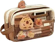 Capybara Pencil Case, 8.3x2.6x5 Zippered Cute Kawaii Pencil Pouch Compartmented with Clear Front Window Capybara School Supplies with DIY Accessories for Holding Rule, Brown