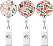 Badge Reel, Retractable Nurse Badge Holder with Alligator Clip ID Name Card Badge Clip for Office Student Doctor Nurse (3pack Pink Flower)