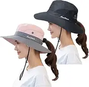 [HSELL] Womens UV Protection Wide Brim Sun Hats - Cooling Mesh Ponytail Hole Cap Foldable Travel Outdoor Fishing Hat