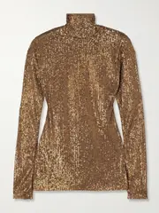 [Norma Kamali] Norma Kamali - Sequined Stretch-mesh Turtleneck Top - Bronze - small small Metallic