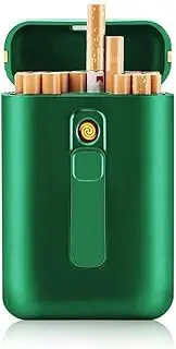 [Generic] Cigarette Case with Lighter Extra Large Carrying Case 20 Normal Size Cigarettes Box USB Electric Lighter 2 in 1 Rechargeable Windproof Flameless (Green)