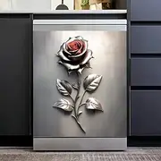 Silver Rose Pattern Dishwasher Metal Magnet Cover Sheet,Metal Flower Sticker for Front Door,Metal Silver Big Rose Flower Refrigerator Decoration,Kitchen Steel Decal Rose Magnet 23x26 inch