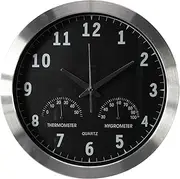 Perel Radio Controlled Wall Clock Round Analogue 35.5 cm with Thermometer and Hygrometer Aluminium Silver