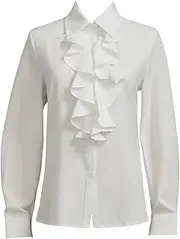 [Taiduosheng] Women Shirt Lace Ruffle Neck Stand Collar Victoria Ruffle Blouse Long Sleeve Dress Shirt Fitted Office Business Casual, White, XXL