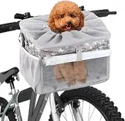 Dog Bike Basket, Pet Bicycle Carrier, Dog Car Seat with Safety Rope, Adjustable Shoulder Strap Portable Breathable Bicycle Basket Bag for Dogs and Cats Up to 15lbs