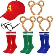 8 Pieces Chipmunks Costumes Set Include 3 Chipmunk Ears Headband，3 Pairs Soccer Socks，1 Piece Black Round Frame Glasses And 1 Red Cap Animal Costume for Adults Teens World Book Day Party Brown