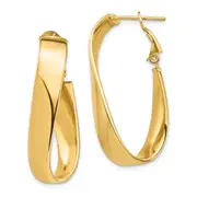 14K Yellow Gold High Polished 7mm Wavy Oval Omega Back Hoop Earrings