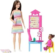 [Barbie] Teacher Doll with Brunette Fashion Doll with Printed Dress, 1 Toddler Doll, & Teaching Accessories