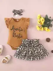 Ruffled Sleeveless Romper "Auntie's Bestie" Print Leopard Bow Skirt & Bow 12-18