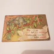 Vintage Textured Christmas Postcard Holiday Season Card Bells Holly Mistletoe