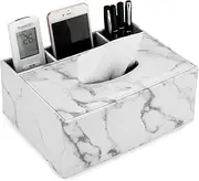 PU Leather Tissue Box Cover - Multifunctional Tissue Box Holder with Stationery Remote Control Box - Elegant and Stylish Home Napkin Holder Desktop Tissue Paper Holder Desk Storage Organizer (Marble)