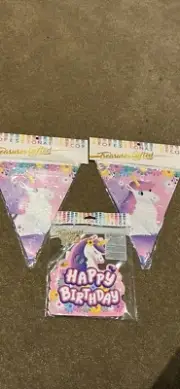 2 Unicorn Birthday Pennants And Cake Topper New Magical Theme