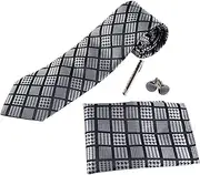 [Zasel] Mens Black & Silver Houndstooth Checkered Neck Tie, Pocket Square, Cuff Links And Tie Clip Set Black, Silver