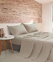 CleverPolly Vintage Washed Microfibre Sheet Set - Ultra Soft, Breathable & Hypoallergenic for Year-Round Comfort (Linen, Double)