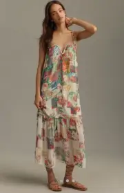 Anthropologie Dress Size Large Chiffon Smocked Floral Patchwork Ivory Pink Green