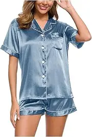 Tilenko 1/2PC Satin Silk Pajamas for Women 2 Piece Set Short Sleeve Button Down Pjs Shirts Shorts Sleepwear Set