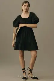 Anthropologie Somerset Mini Dress Sz XXSP Puff Sleeve Black Smock Waist Peasant