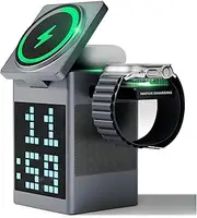 Bluetooth Speaker 6 in 1 Wireless Charging Station with Alarm Clock/Pixel Display, 360° Rotation Magnetic Wireless Charger Stand for iOS/Android Phone, Watch, Earbuds
