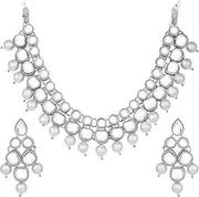 [Aheli] Silver Plated Kundan & Beads Studded Necklace Earrings Set Ethnic Jewellery for Women, One Size, Metal, No Gemstone