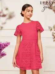 Lipsy Hot Pink Flutter Sleeve Lace Occasion Dress (5-16yrs) (AD7797) | $74 - $86